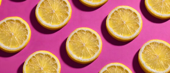 Fresh lemon slices arranged on a vibrant pink background