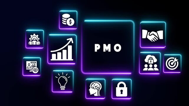 Project Management Office PMO concept with glowing neon icons on dark background organization structure