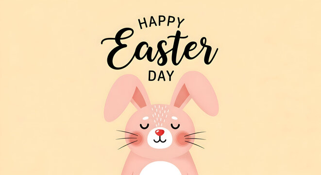 Adorable pink Easter bunny with closed eyes and happy Easter day text rabbit cute