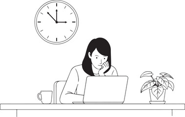 Woman working at desk with laptop and coffee computer