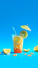 Obraz premium A refreshing citrus drink with lemon slices and a small umbrella against a bright blue background