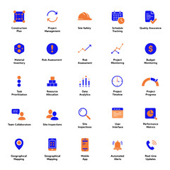 Collection of business and finance icons in blue and orange colors