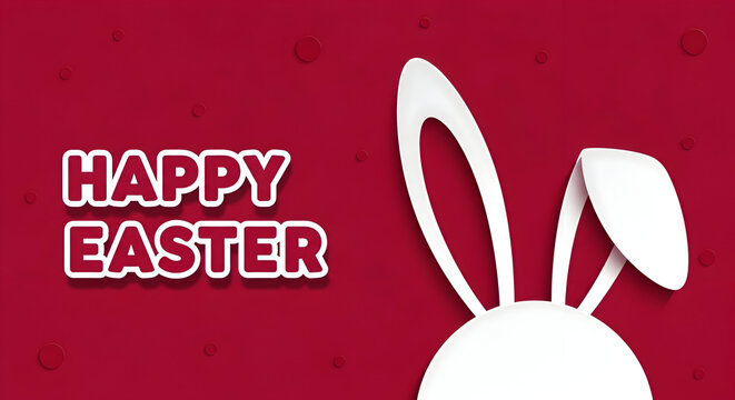 Happy easter day Happy Easter text with a white bunny's ears and head on a deep red background greeting