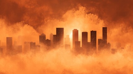 Fototapeta premium Dramatic Sunset Over a City Skyline Surrounded by Orange Haze and Soft Fog Creating a Mysterious Atmosphere at Dusk