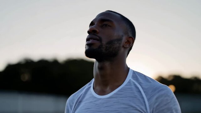 Athlete bent forward with hands on knees at the edge of the track, sweat dripping, face partly turned away, empty stadium seats softly blurred, crisp lane texture and shoe tread