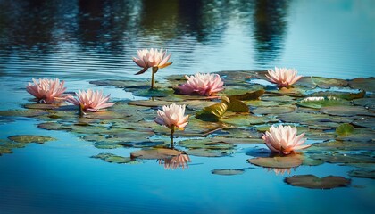 beautiful water lily pads floating on still water