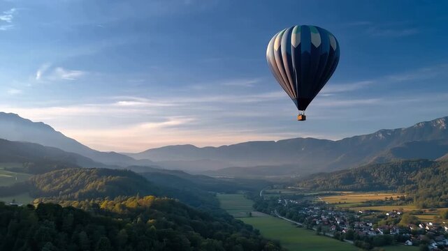 Colorful hot air balloon drifting above autumn-toned countryside, patchwork fields and distant mountains under soft pastel sky, warm morning mist in valleys, cinematic depth 4K