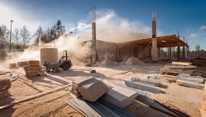 clouds of fine glass wool dust particles surround a vacant construction site scattered with tools and materials highlighting the need for protective gear