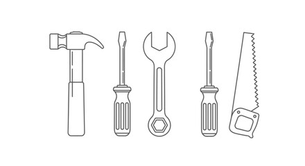 Naklejka premium Outlined hand tools hammer screwdrivers wrench and saw in vector style