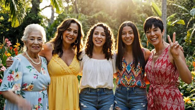 Happy multi-generational Latin women family portrait in sunny garden