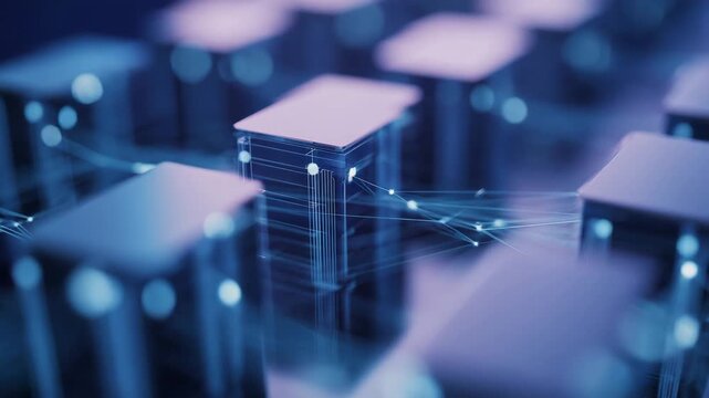 Abstract futuristic data blocks floating in digital space, technology background with depth, motion and network structure, modern information flow