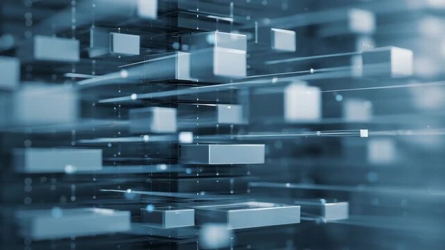 Abstract futuristic data blocks floating in digital space, technology background with depth, motion and network structure, modern information flow