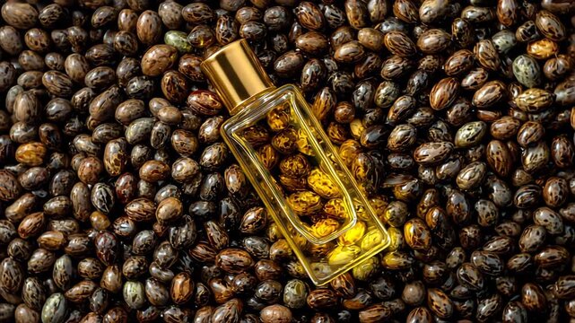 Ultra HD Luxury Botanical Serum in Transparent Glass Flask Over Organic Raw Plant Seeds Video