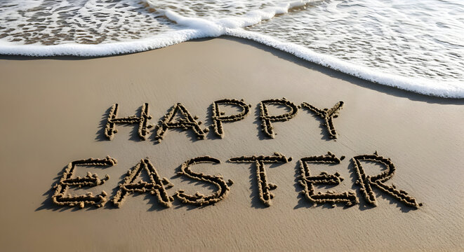 Happy Easter Message Written in Sand on a Beach with Ocean Waves image photo