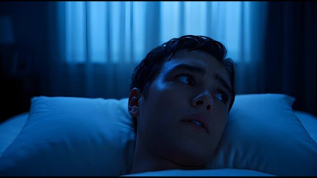 Man wakes up startled in dark bedroom.