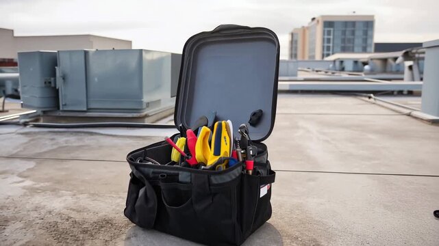 Open electrician tool bag on rooftop with insulated hand tools, professional maintenance setup for HVAC or electrical service, repair work, engineering and technical field service concept