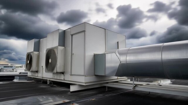Industrial HVAC ventilation system on rooftop under dramatic cloudy sky, commercial air conditioning equipment, building climate control, energy infrastructure and modern mechanical