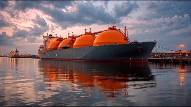 Liquefied natural gas LNG carrier with orange spherical tanks docked in harbor at sunset, industrial energy transport ship with calm water reflection and port infrastructure