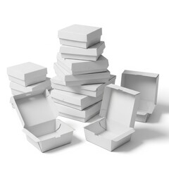 Stack of white cardboard boxes for food delivery and storage  various sizes and orientations on plain white background