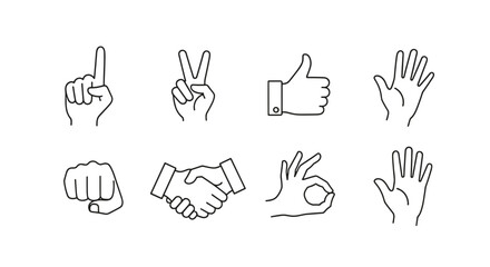 Fototapeta premium A set of hand gestures icons in a minimal line art style on transparent background