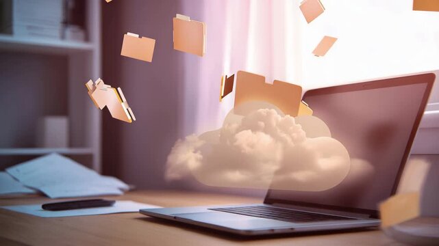 Laptop with cloud computing concept and flying files, digital data storage, online backup, file sharing, remote work and modern technology visualization in office setting