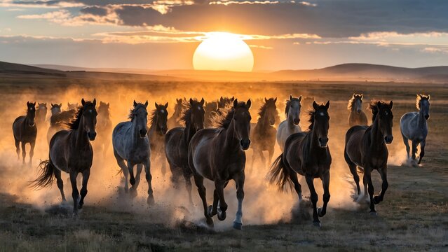 Wild horses galloping at golden sunset on dusty plains dramatic herd motion