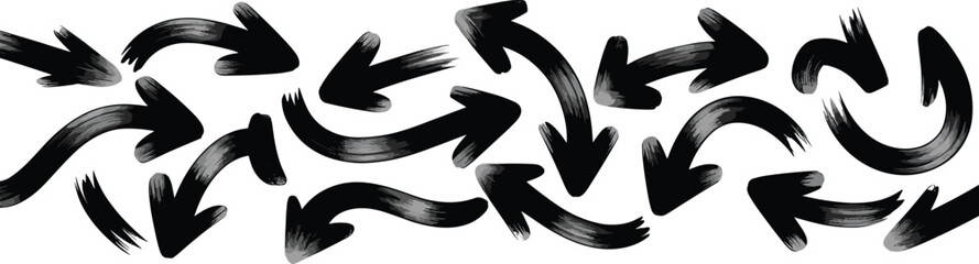 Black curved arrows brushstroke illustration, dynamic circular arrow pattern, abstract motion flow graphic, hand drawn directional arrows, energetic chaos vector design, swirling movement background © Rabbi's World