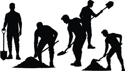 Construction laborer silhouettes digging set, workers with shovel collection, manual labor activity illustration, industrial workforce isolated, excavation workers poses © Tanjimul