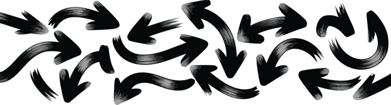 Black curved arrows brushstroke illustration, dynamic circular arrow pattern, abstract motion flow graphic, hand drawn directional arrows, energetic chaos vector design, swirling movement background