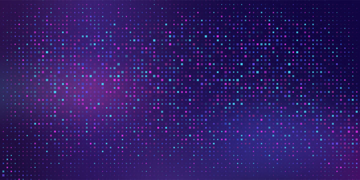 Purple abstract pixel texture bg video screen. Tv pattern background with square noise effect. Futuristic broadcast neon gradient banner for television. Modern vhs led static display element
