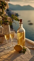 Obraz premium Two glasses of golden liquid with a bottle and lemon on a tablecloth overlooking the ocean