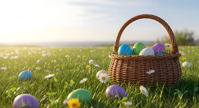 Happy easter Wicker Basket Full Of Colorful Easter Eggs In A Sunny Spring Meadow image photo