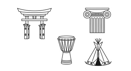 Outlined architectural and cultural symbols in monochrome style © azi