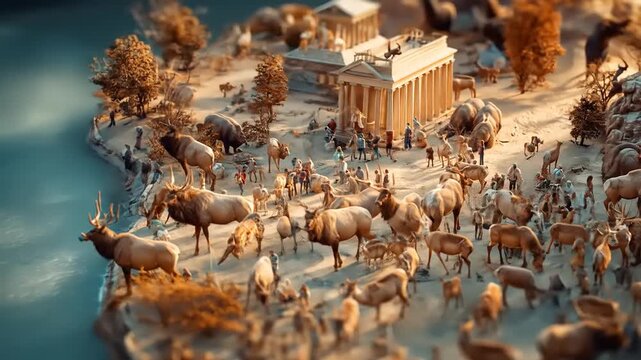 Miniature Diorama Scene of Animals Gathering at an Ancient Temple.