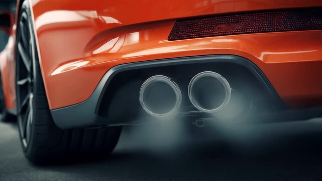 A close-up view of the rear end of a sleek, orange sports car with dual exhaust pipes.