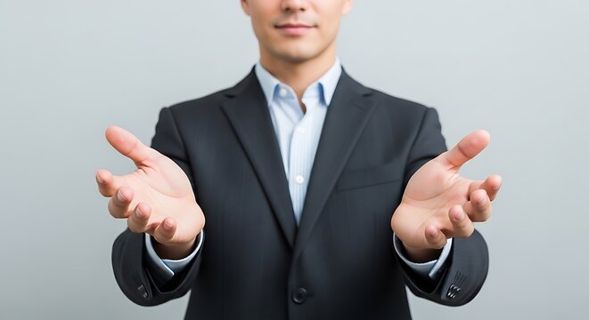 Professional businessman in a tailored suit extends both open hands, palms up, conveying a welcoming gesture of presentation, invitation, offering, or receiving towards the camera.