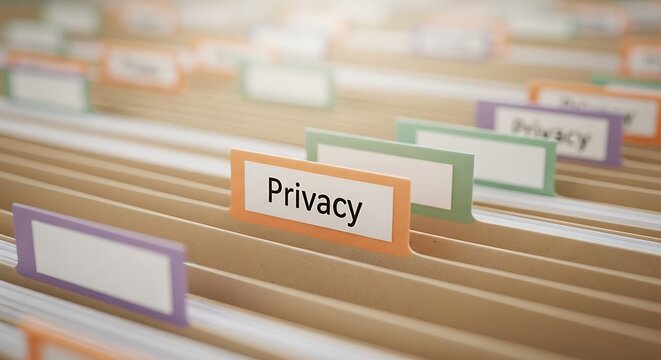Close up of color coded hanging file folders in a cabinet with one labeled prominently with the word privacy
