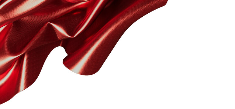 Luxurious red satin fabric waves gracefully against a stark white backdrop, offering a sense of opu