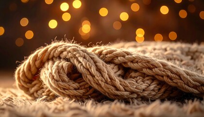 Close-up of intertwined, textured, cream-colored knitted fabric over a fuzzy, light-brown surface, with soft, out-of-focus golden lights