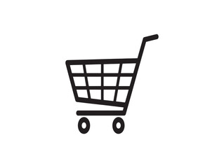A simple black shopping cart icon on a white background