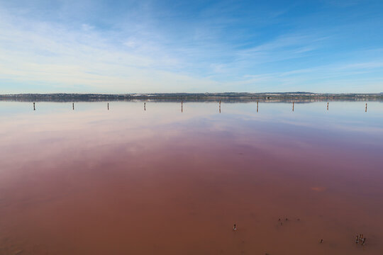 The Pink lake in Saltwater Lagoon in Parque Natural de las Salinas de Torrevieja