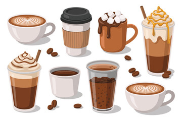 Obraz premium Coffee vector set clipart design featuring cups, mugs, beans, takeaway coffee, espresso, latte art, and modern flat illustration