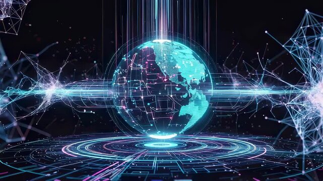 Global digital network with data transfer connecting continents. Internet communication and futuristic quantum technology visualization.