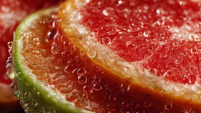 A close-up view of a vibrant and colorful slice of watermelon with sugar crystals.