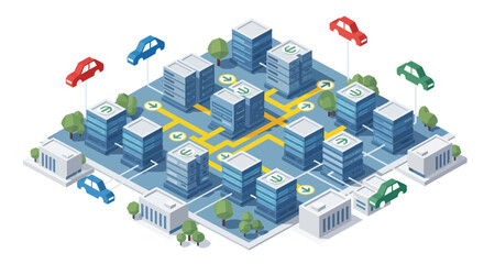 Obraz premium Isometric Cityscape with Buildings and Vehicles.