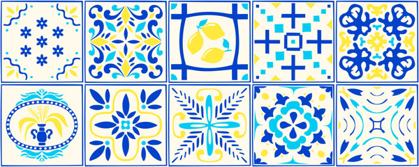 Mediterranean citrus pattern with blue amalfi tiles and yellow lemon fruit. Italian mosaic mural with nautical lisbon textures, moroccan geometric ornaments, and coastal town ribbon label design. © Azat Valeev
