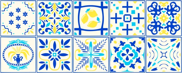 Fototapete Portugal Keramikfliesen Mediterranean citrus pattern with blue amalfi tiles and yellow lemon fruit. Italian mosaic mural with nautical lisbon textures, moroccan geometric ornaments, and coastal town ribbon label design.  © Azat Valeev