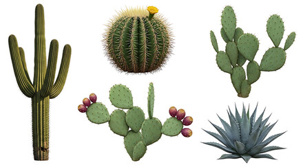Desert cacti and agave plant, isolated on transparent background
