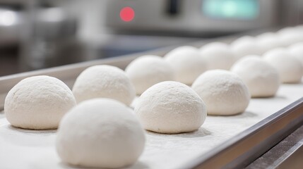Dough balls on the line: An image depicting round dough balls, lined up on a tray. perfect to capture the process of food making