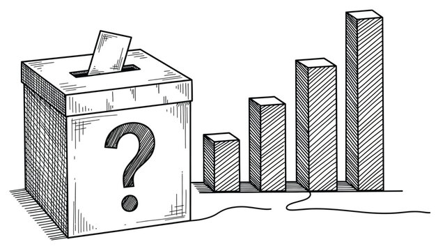 Illustration of a ballot box with a question mark and a bar graph. The graph&rsquo;s rising bars suggest analysis or uncertainty in data or decisions.
